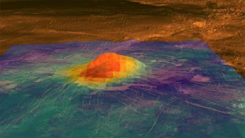 Hình ảnh đỉnh núi lửa Idunn Mons (ở vĩ độ 46 độ nam, 214,5 độ kinh đông) ở khu vực Imdr Regio của sao Kim.